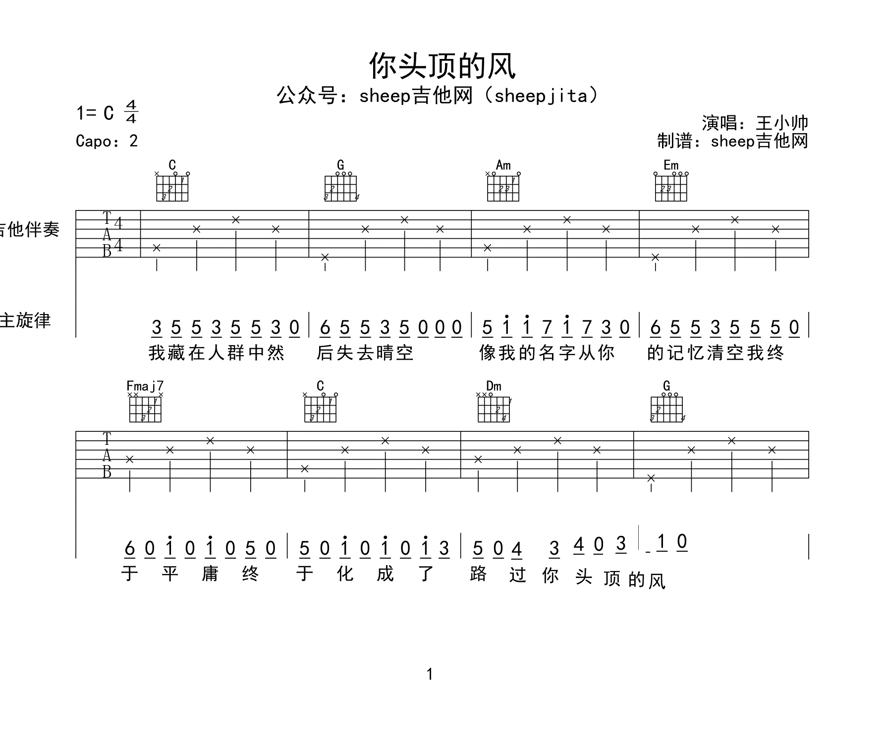 你頭頂?shù)娘L(fēng)吉他譜，王小帥，簡單彈唱譜